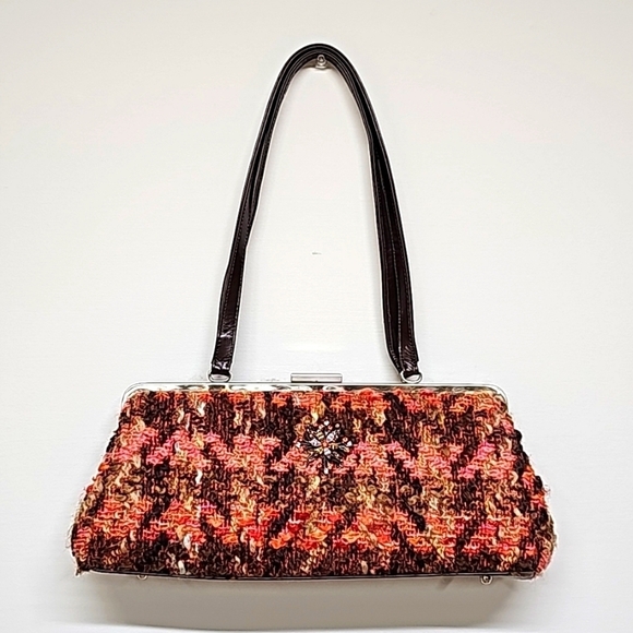 Glenda Gies Jackie boucle handbag. Rust, pink, browns - Rhinestone brooch - Picture 1 of 12